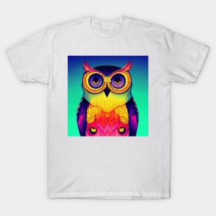 Colorful Owl Portrait Illustration - Bright Vibrant Colors Bohemian Style Feathers Psychedelic Bird Animal Rainbow Colored Art T-Shirt